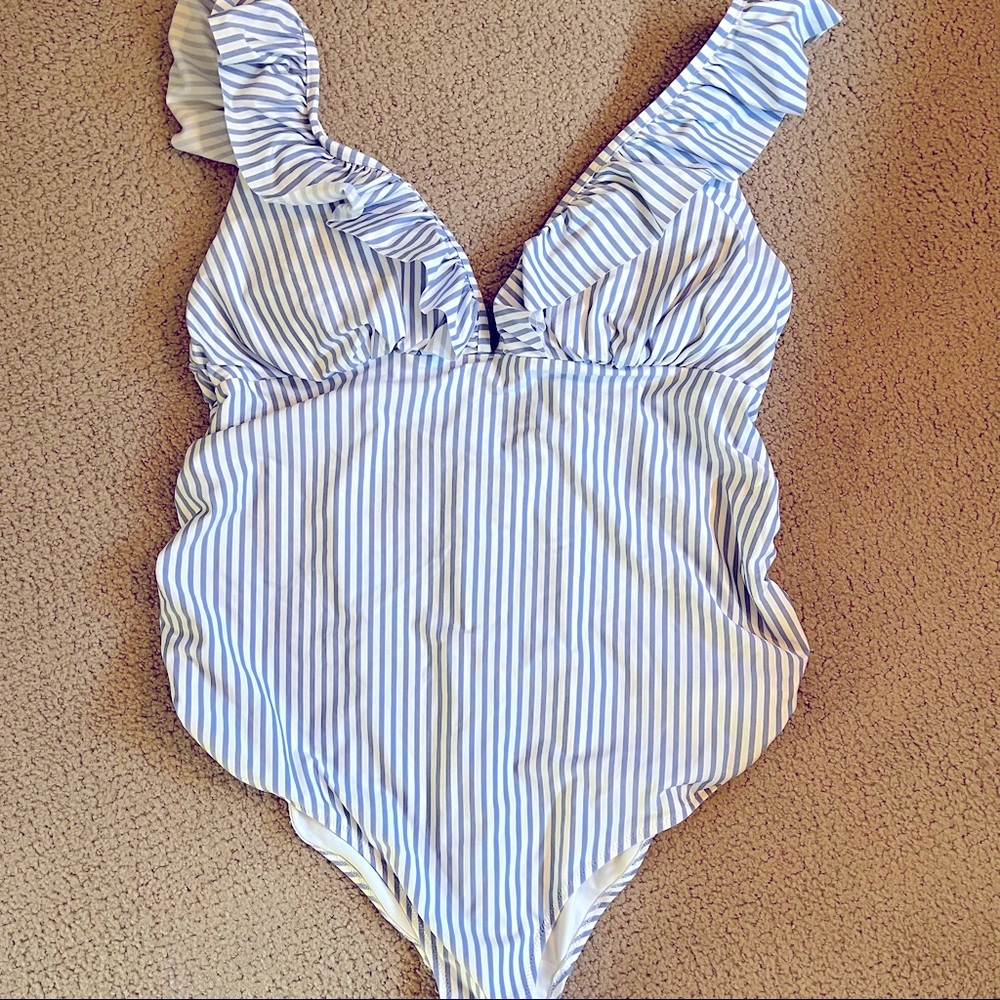 NWOT H&M Maternity One Piece Swimsuit Blue and White Striped with Ruffle V-Neck